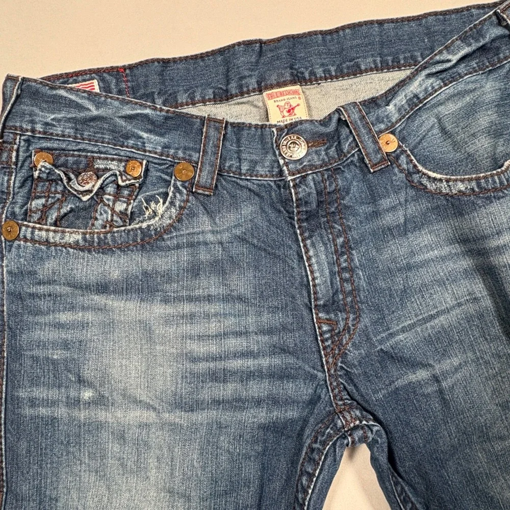 True Religion Jeans Mens 38x34 Ricky Big T Blue Straight Leg Contrast Stitch EUC